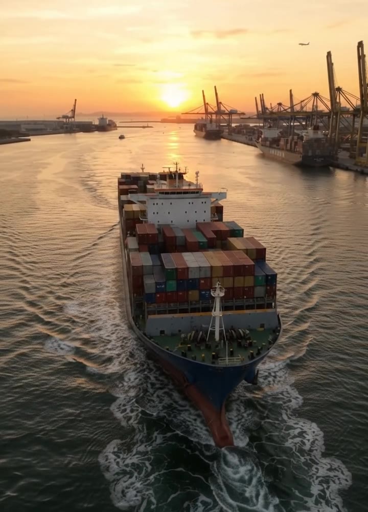 Navio porta-contêineres navegando em direção ao terminal portuário